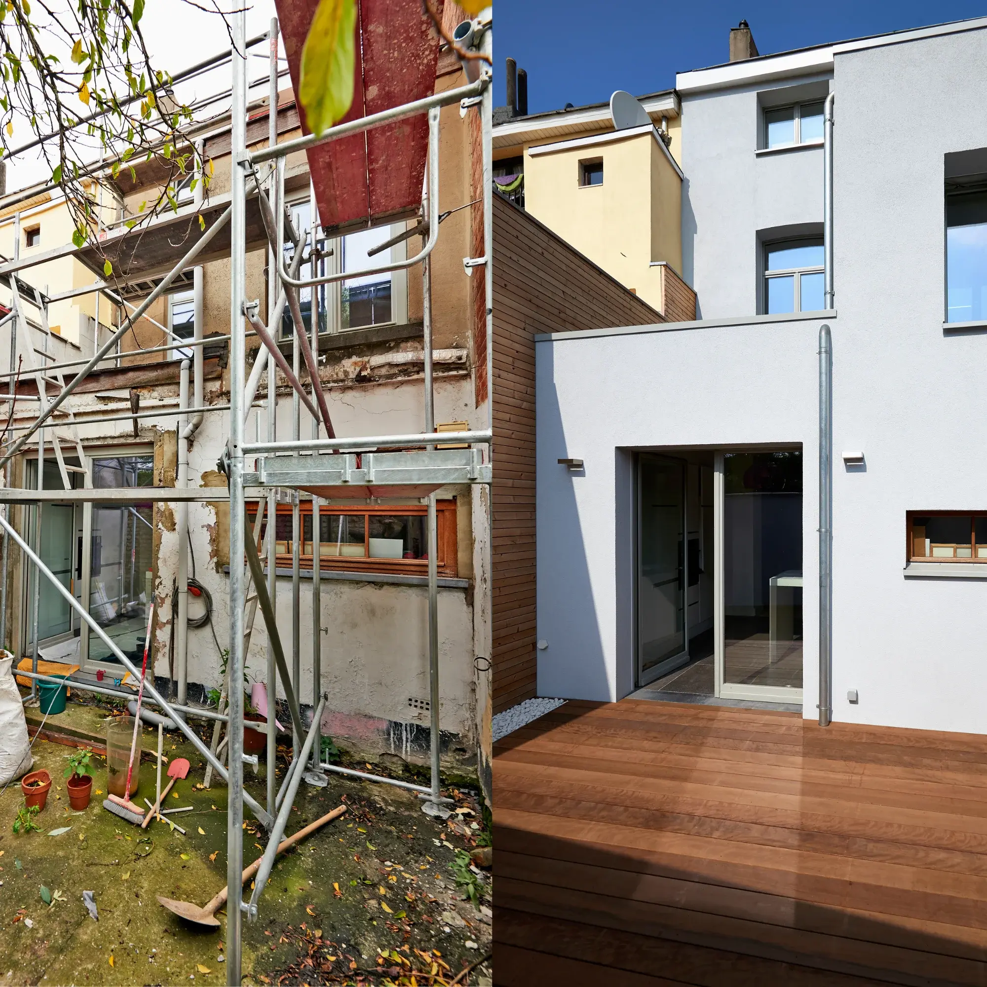 Rénovation spectaculaire. Mur délabré avec échafaudage (avant) transformé en façade moderne, blanche et bois, avec grande terrasse en bois (après).